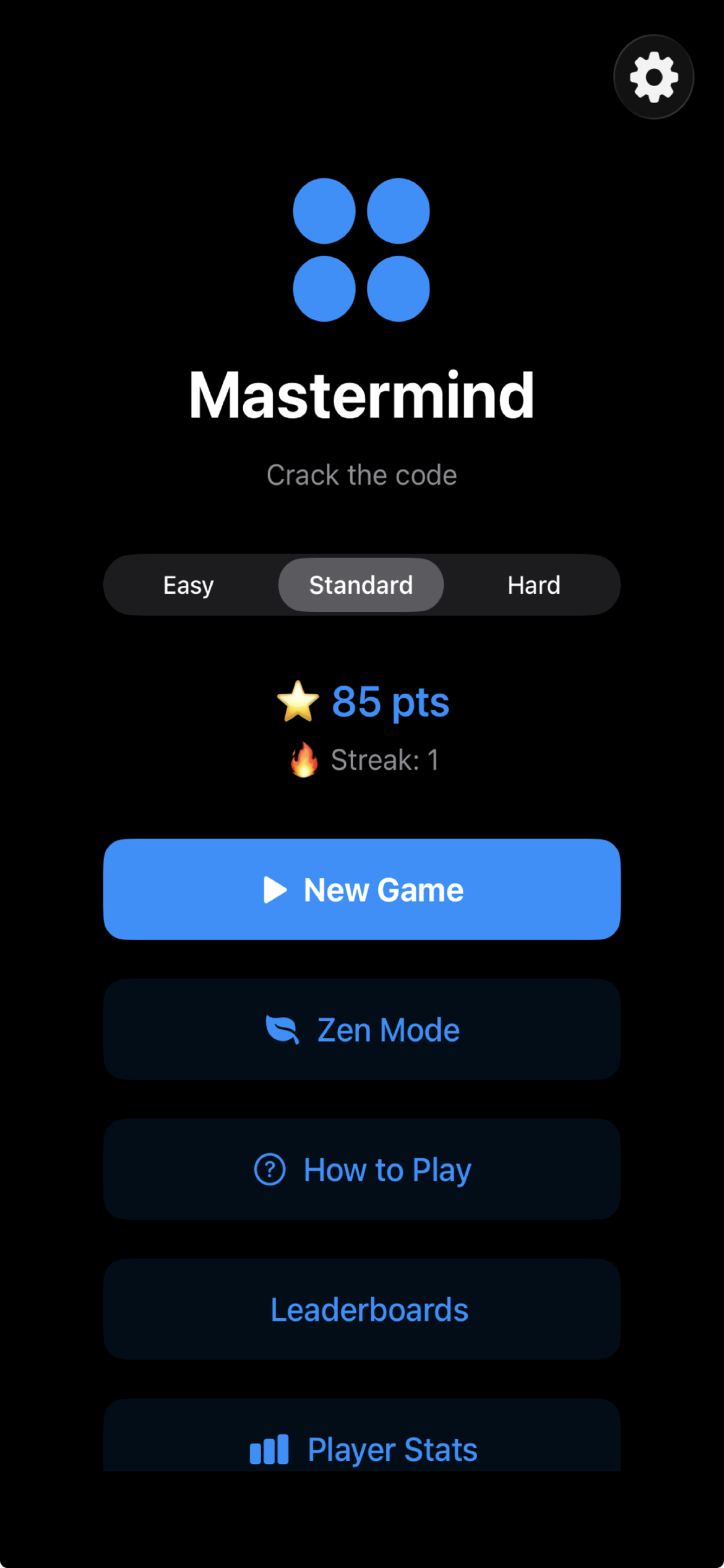 Mastermind player statistics and unlocked achievements tracker